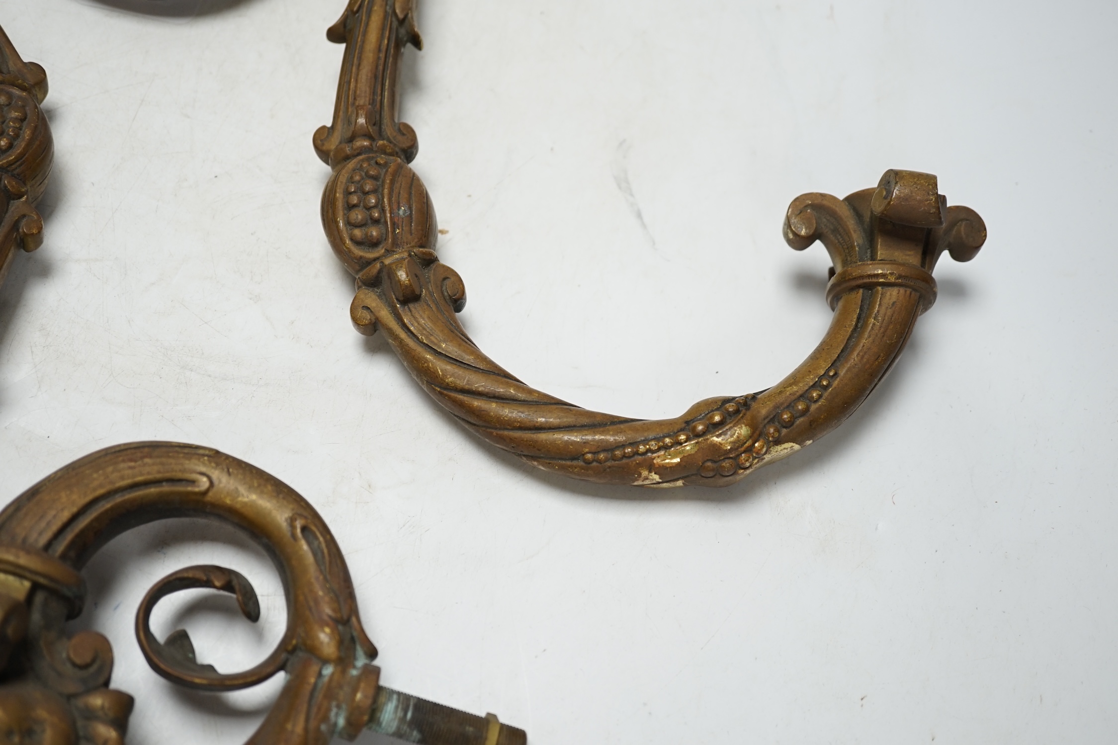 Two brass wall mounted gas lights, 44cm in length overall. Condition - fair